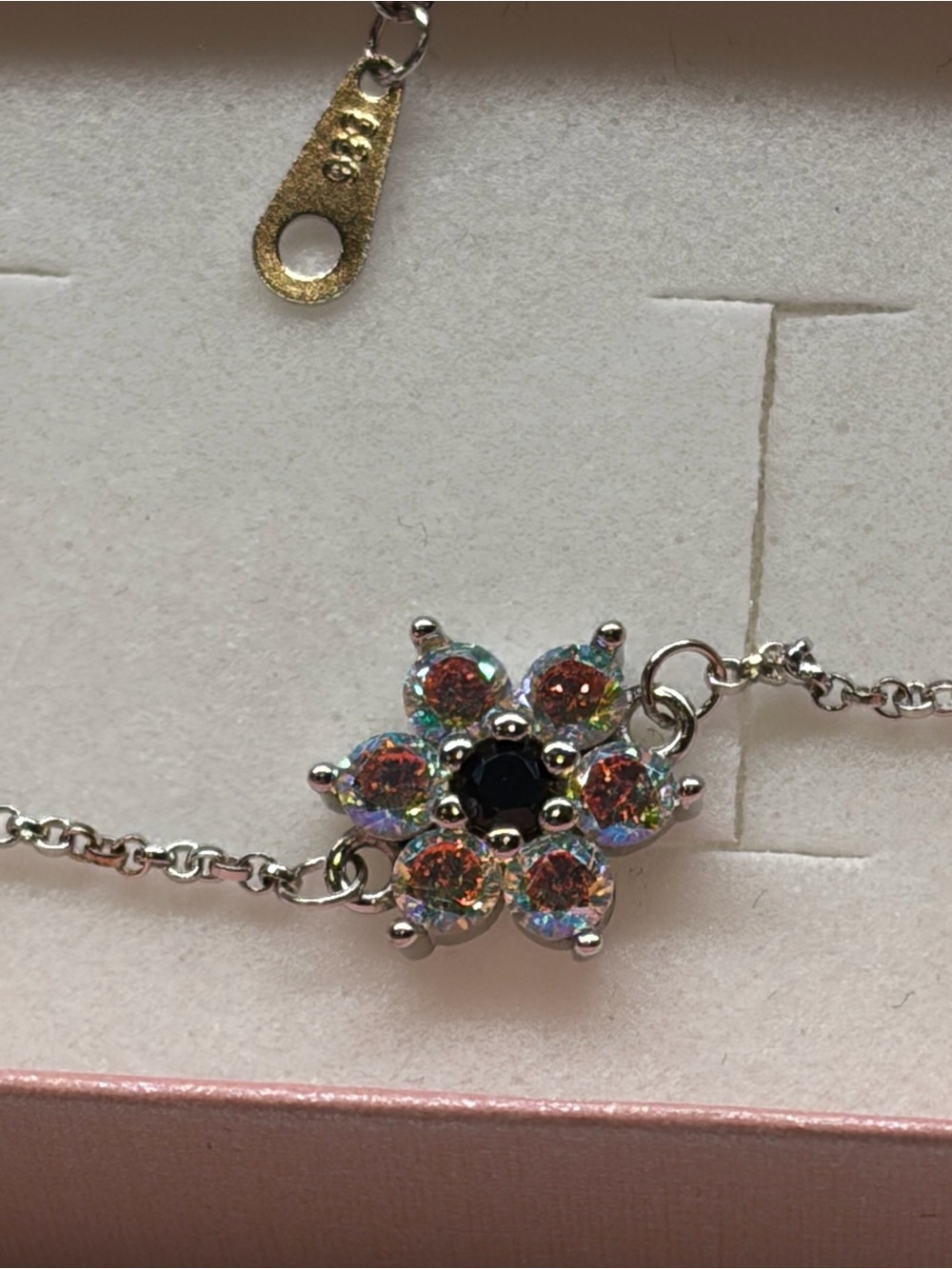 Silver Floral Crystal Bracelet with Black Center Stone